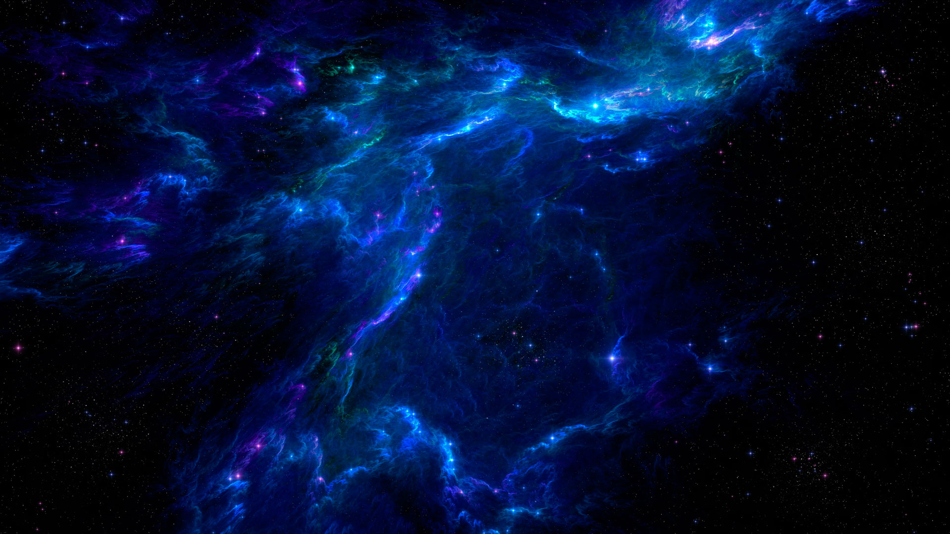 صورة لغبار كوني و سحب في الفضاء باللون الازرق و الأسود و البنفسجي و تجوم كثيرة جدا داخل هته السحب اضواء ساطعة