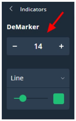 Indicators بخلفية سوداء تحتها DeMarker و رقم 14 + او - مشار اليها بسهم أحمر تحتها خيار Line و لون اخضر