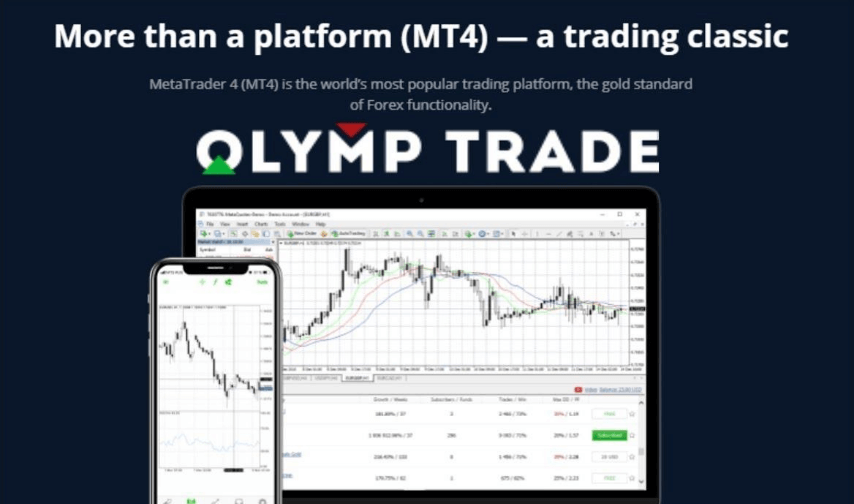  More than a platform (MT4) a trading classic تحتها Olymp Trade و تحته شاشة كمبيوتر و شاشة هاتف ذكي عليها منصة تداول