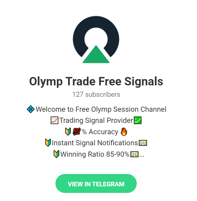 قناة على Telegram اسمها olymp Trade Free Signals شعار olymp trade view in telegram باللون الاخضر و خلفية بيضاء 
