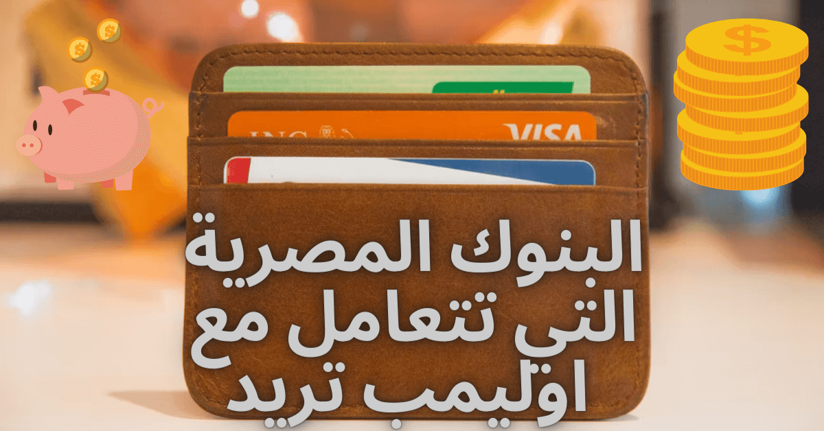 البنوك المصرية التي تتعامل مع اوليمب تريد محفظة بطاقات مصرفية على اليمين عملات نقدية و على اليسارحصالة على شكل خنزير