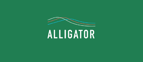 alligator olymp trade مكتوبة باللون الابيض داخل مستطيل اخضر و فوقها ثلاث منحنيات منحنى ابيض واخر احمر و اخر ازرق