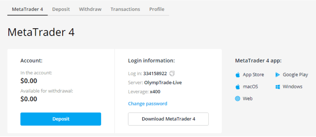MetaTrader 4 بخلفية بيضاء Account Deposit و withdraw و Transactions و profile و كذلك Login information