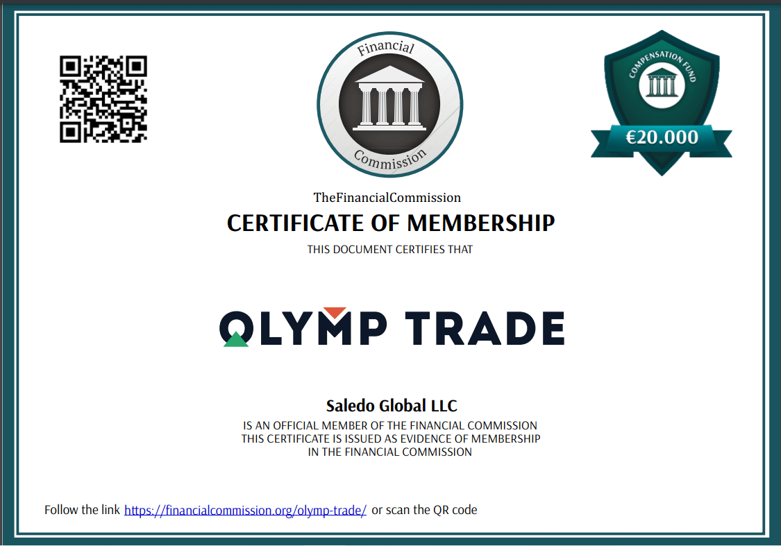شهادة CERTIFICATE OF MEMBERSHIP OLYMP TRADE مبلغ 20000 يورو Saledo Global LLC شعار البيت الابيض أمامه QR code