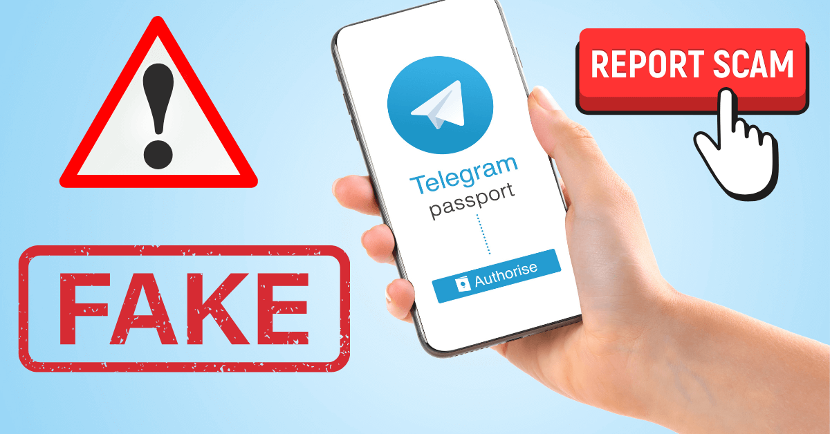 يد تمسك هاتف ذكي على شاشاته يظهر شعار تطبيق Telegram و أمامه لافتة خطر و FAKE من اليسار و من اليمين REPORT SCAM